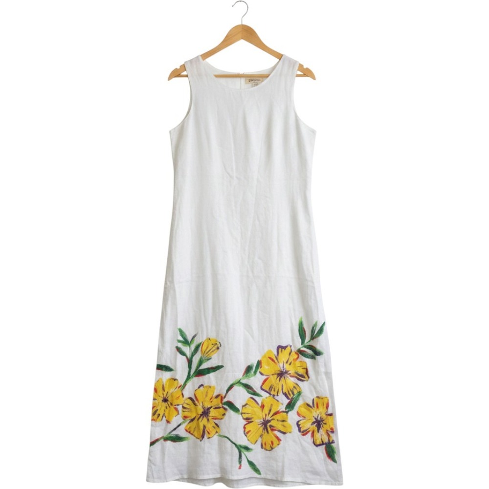 Handmade Maxi Dress Womens M White Yellow Floral Hand Painted Gauzy Lined Boho